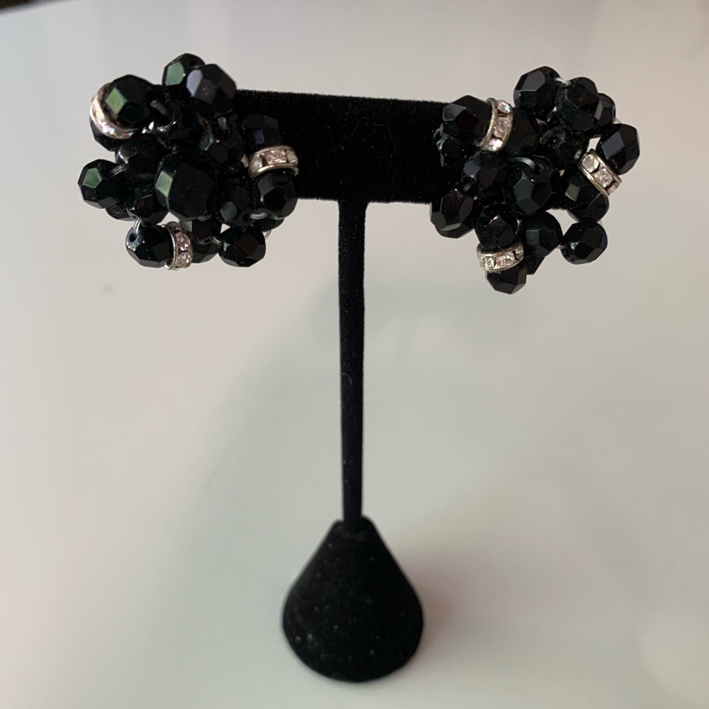 French jet faceted black crystal beads alternating loops w/ rhinestone rondelle